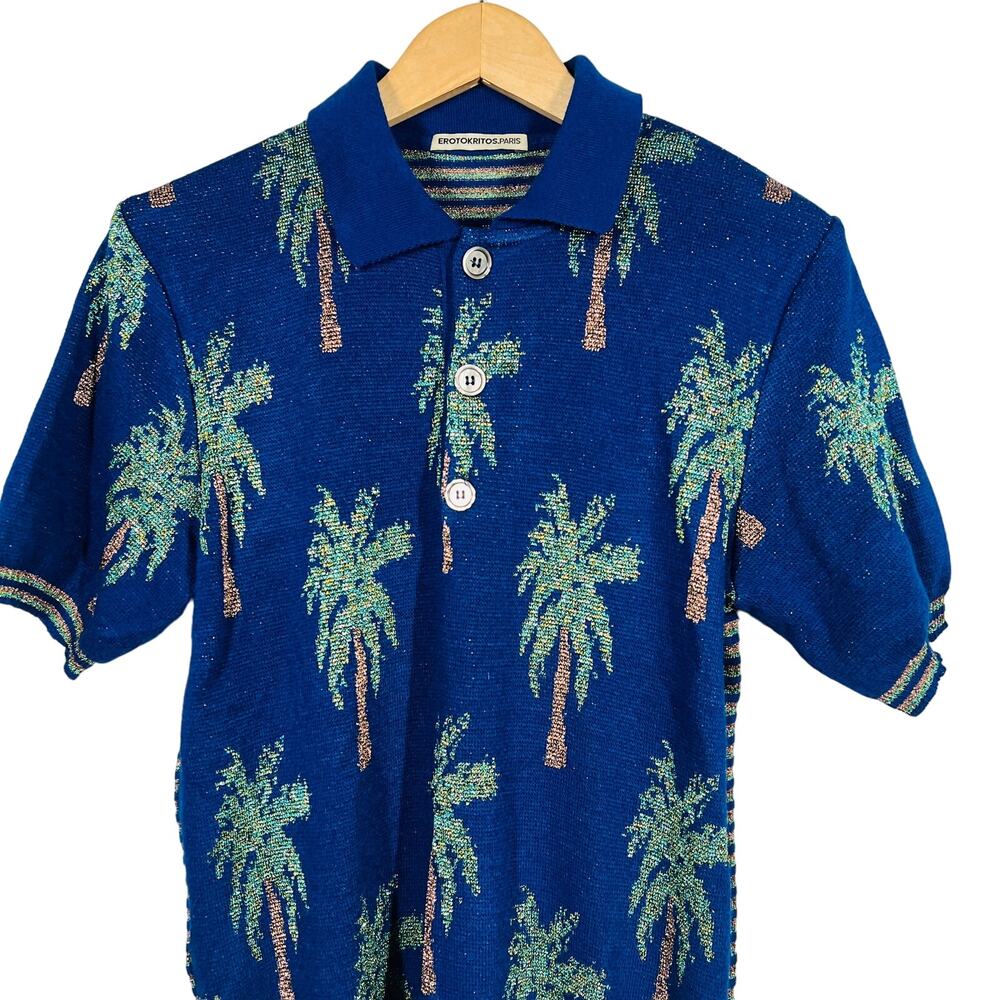 Erotokritos Metallic Silk Knit Top Short Sleeve Palm Tree Sweater Stripe - 1